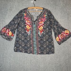 Savanna Jane Split Neck Top Large Floral Embroidered Bell Sleeve Blouse Boho